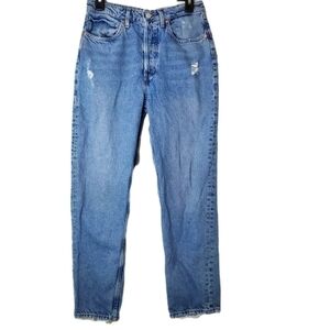 Free People Button Fly 90s Ankle Length Jean in Relaxed Fit Distressed Denim